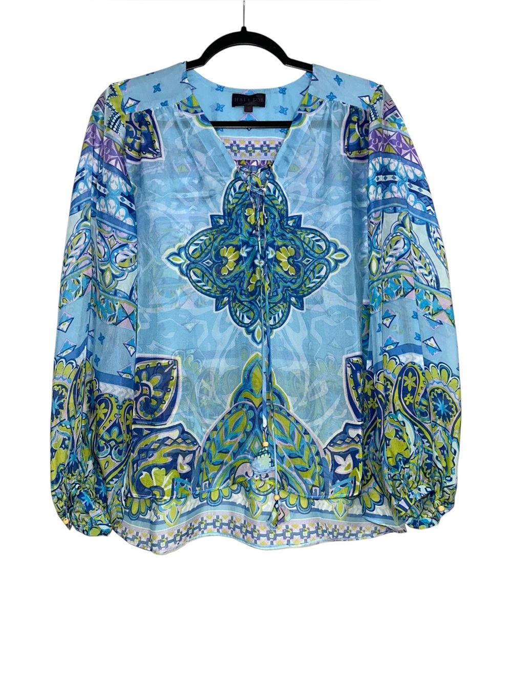 Hale Bob Silk Paisley Print Blue Long Sleeve Peasant Blouse SMALL - Picture 1 of 6